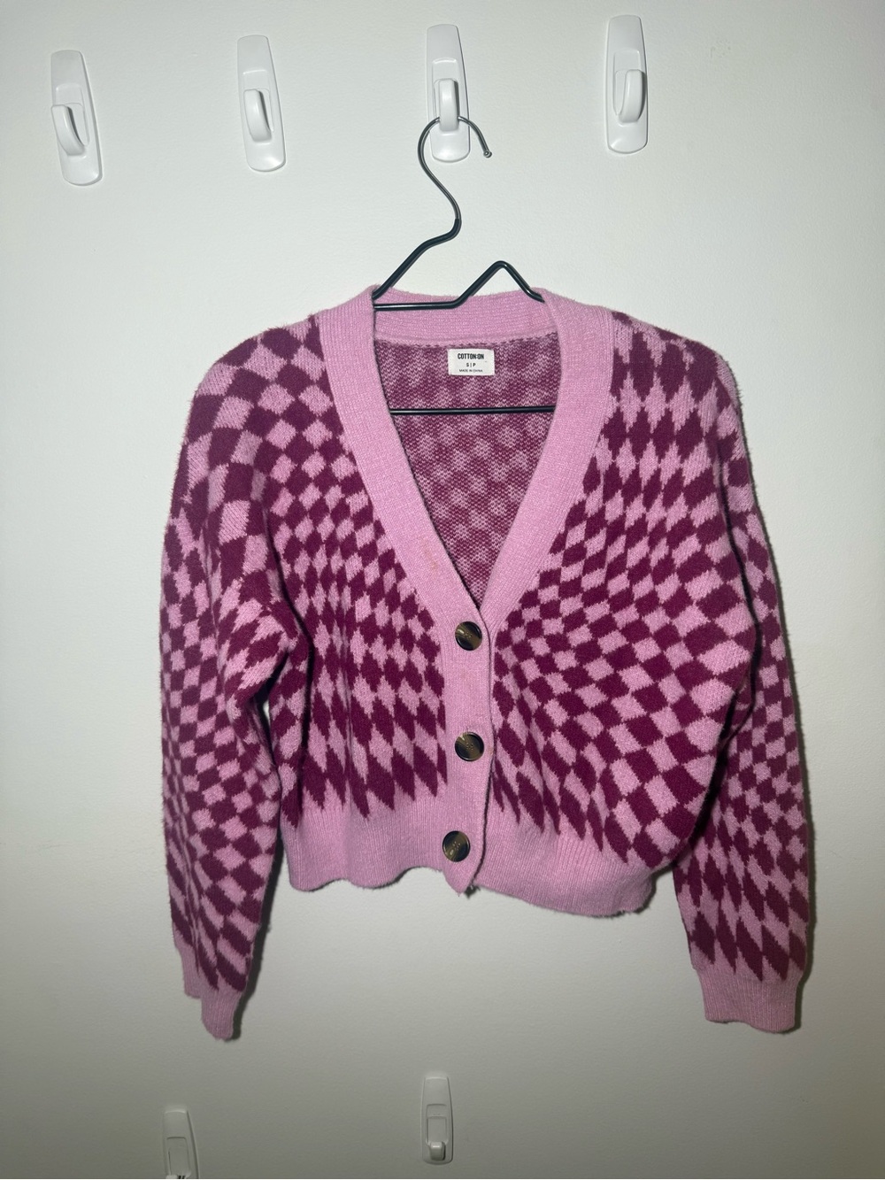 Cotton On Pink & Plum Checkered V-Neck Button Cardigan